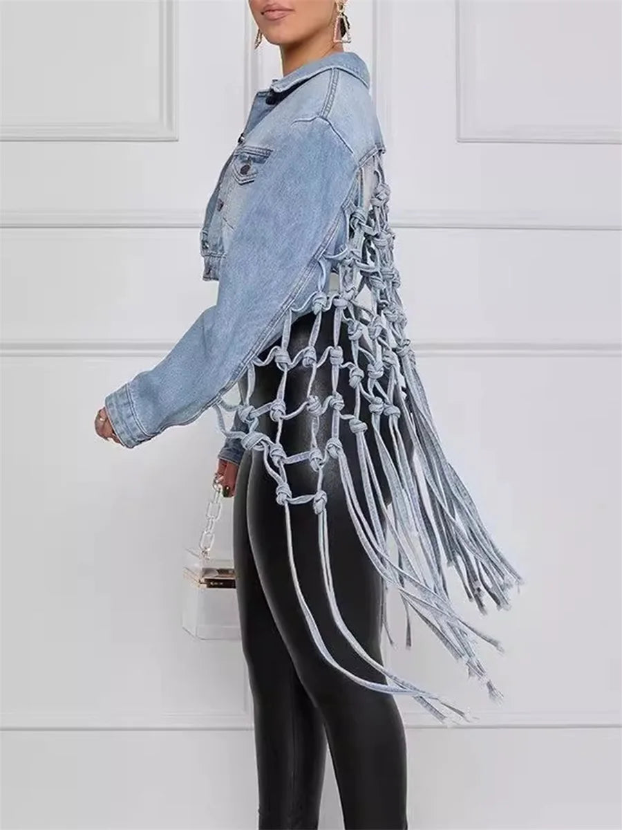 Women s Autumn Oversized Denim Coat with Pockets Lapel Long Sleeve Button-Up Plaid Fringe Fashion Jean Jacket