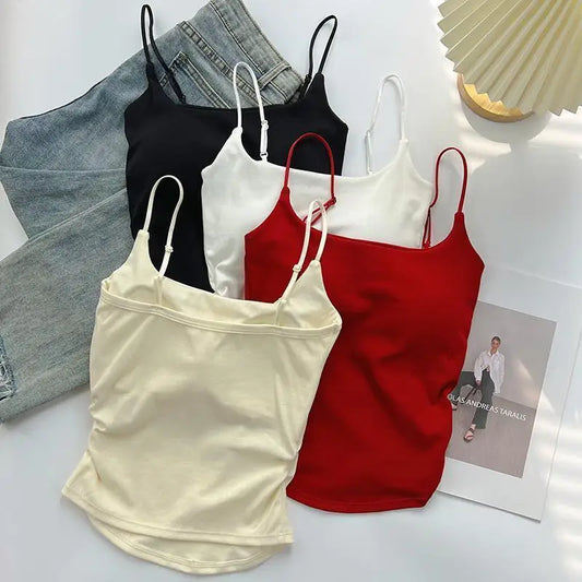 Women Crop Camisole Solid Comfortable Cool with Fixed Cup Outer Wear Bottoming Underwear Wear-Free Sleeveless Backless Vest