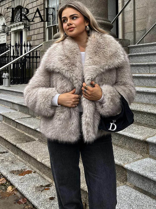 TRAF 2024 Women Fashion Cropped Faux Fur Jacket Coat Long Sleeve Front Snap-button Female Outerwear Chic Lapel Collar Thick Coat