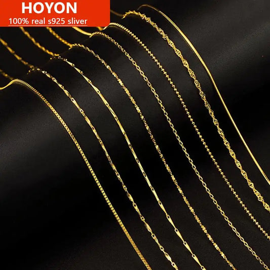 HOYON Pure 14k Gold Color Necklace Women's Neck Collar Real Gold Box/ O Cross/ Snake Bone/Water Wave/Clavicle Chain Jewelry