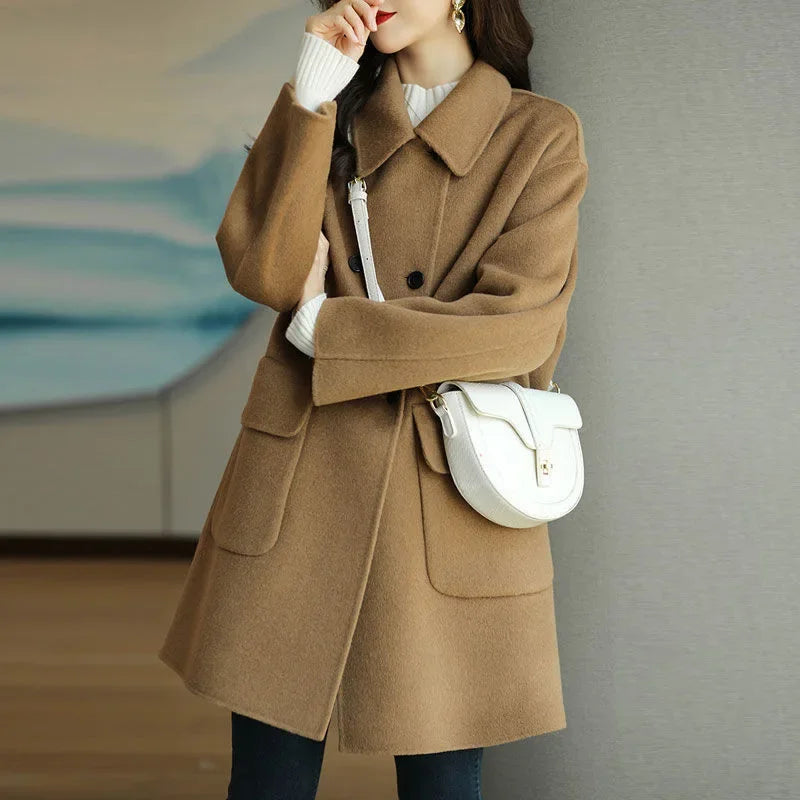 Women's Autumn/Winter New Style Coffee Color Thickened Woolen Jacket Slimming Medium-Length Overcoat Korean Version For A Slimme