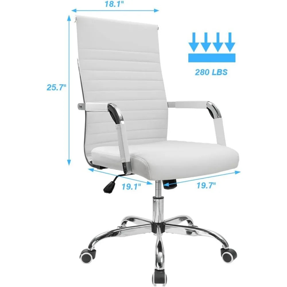 Ribbed Office Desk Chair Mid-Back PU Leather Executive Conference Task Chair Adjustable Swivel Chair with Arms