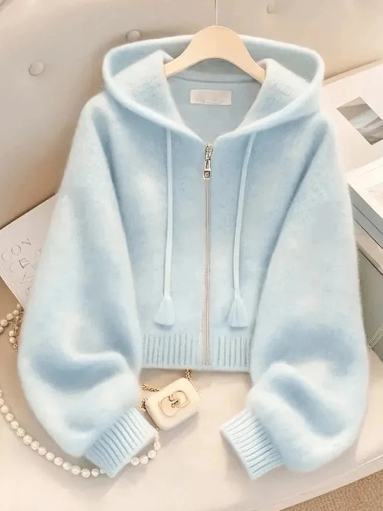 Zoki Fashion Soft Blue Cardigan Sweaters Women Long Sleeve Elegant Knitted Jacket Sweet Design Female Casual Hooded Outwear Tops