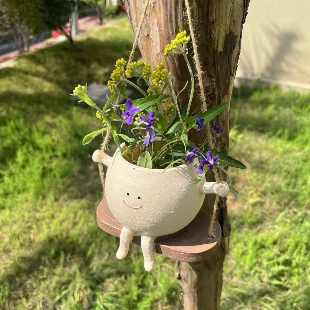 Swing Flower Pot Resin Smiling Face Planter Pot Creative Wall Hanging Planter For Indoor Outdoor Plants Gardening Accessories