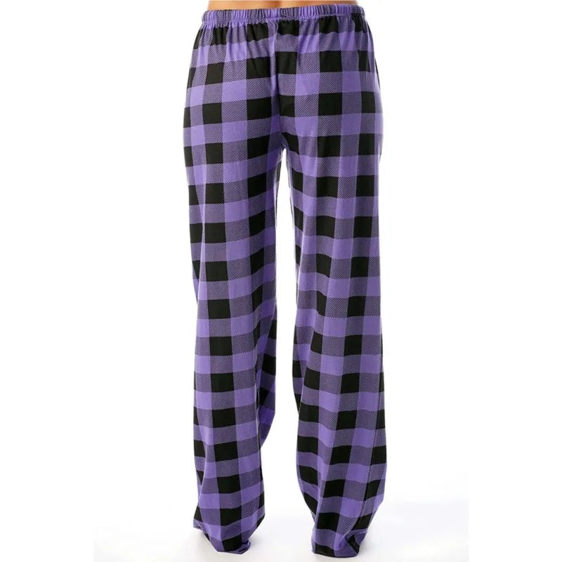 Women's Casual Pants Elastic Waistband And Plaid Drawstring Wide Leg Pants Ladies Red Black Plaid Print Woman Trousers