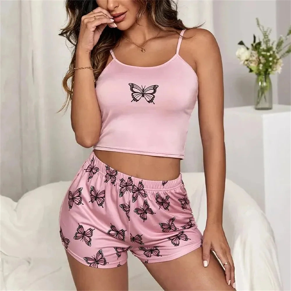 Two Piece Women's Suspender Printed Butterfly Round Neck Camouflage Top Paired with Shorts Women's Casual Pajama Set