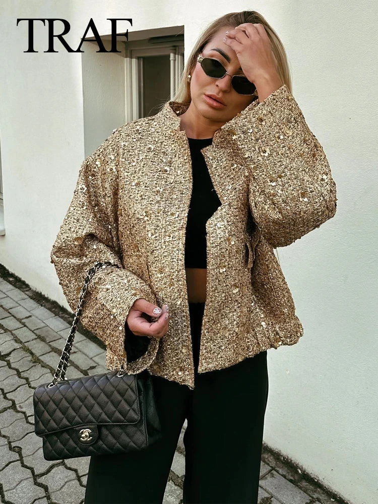 TRAF Women Fashion Shiny Sequin Jacket Y2k Gold Color Stand Collar Long Sleeve Short Coat Autumn Winter Ladies High Streetwear